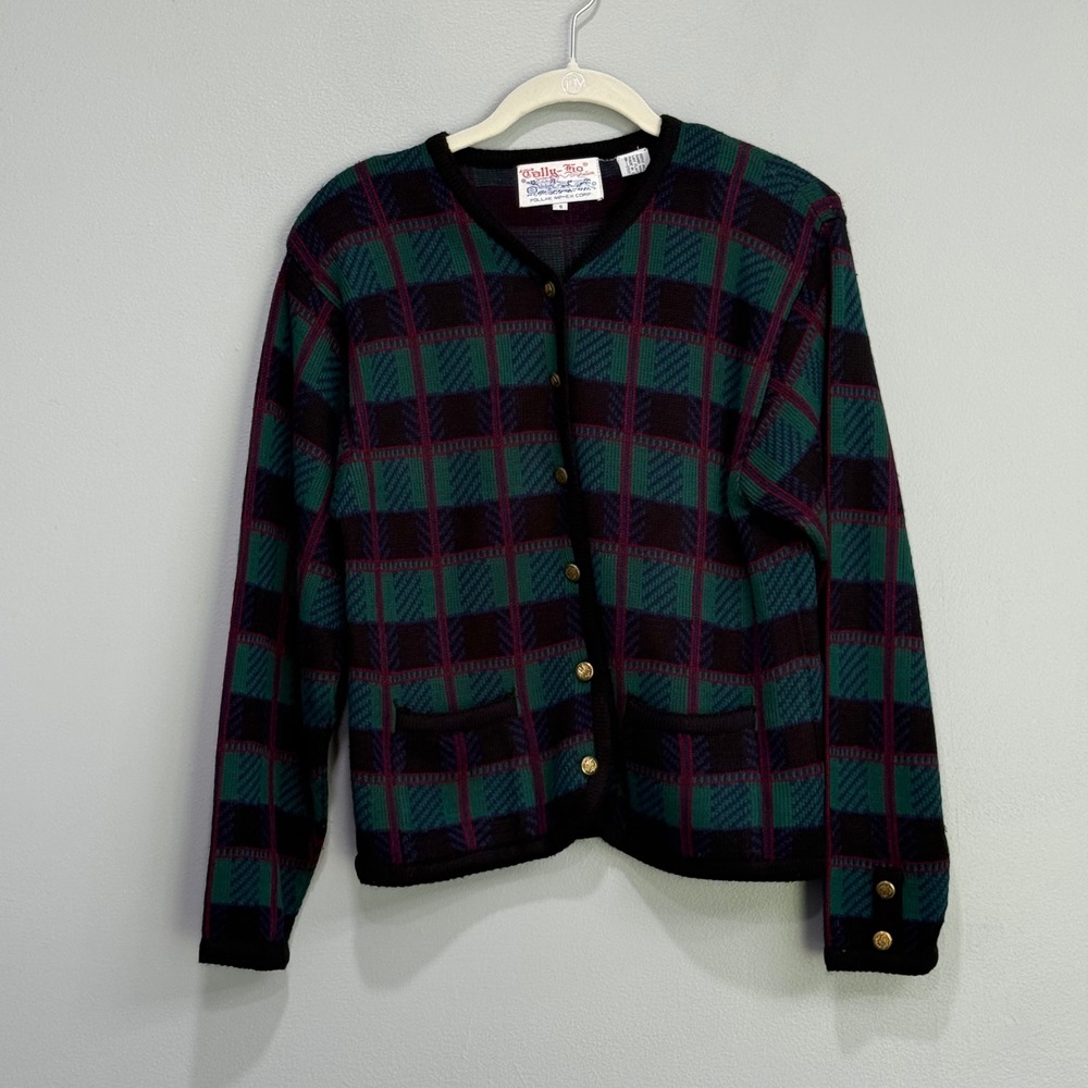 Tally-Ho Vintage Plaid Button Front Cardigan Green Purple Gold Buttons S